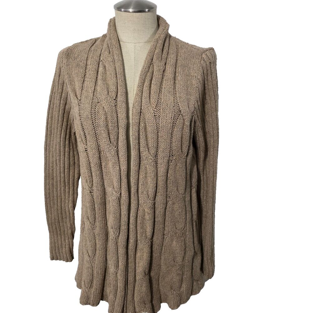 CAbi 591 Heather Acorn Chunky Cable Knit Cardigan Open Front Womens XL Wool Blen